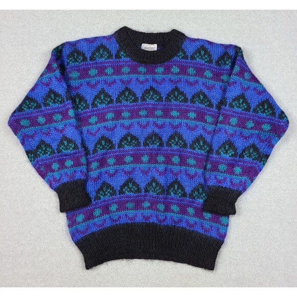 Vintage 80s 90s Gallagher Mohair Blend Royal Blue Purple Geometric Sweater Large - Picture 1 of 10
